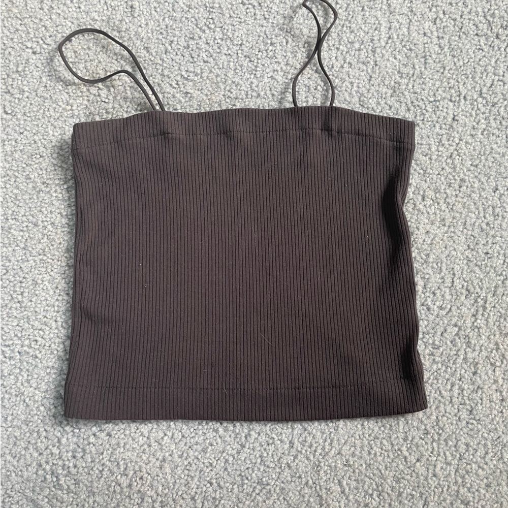 American Eagle Black Cropped Spagetti Neck Ribbed Tank Top Medium